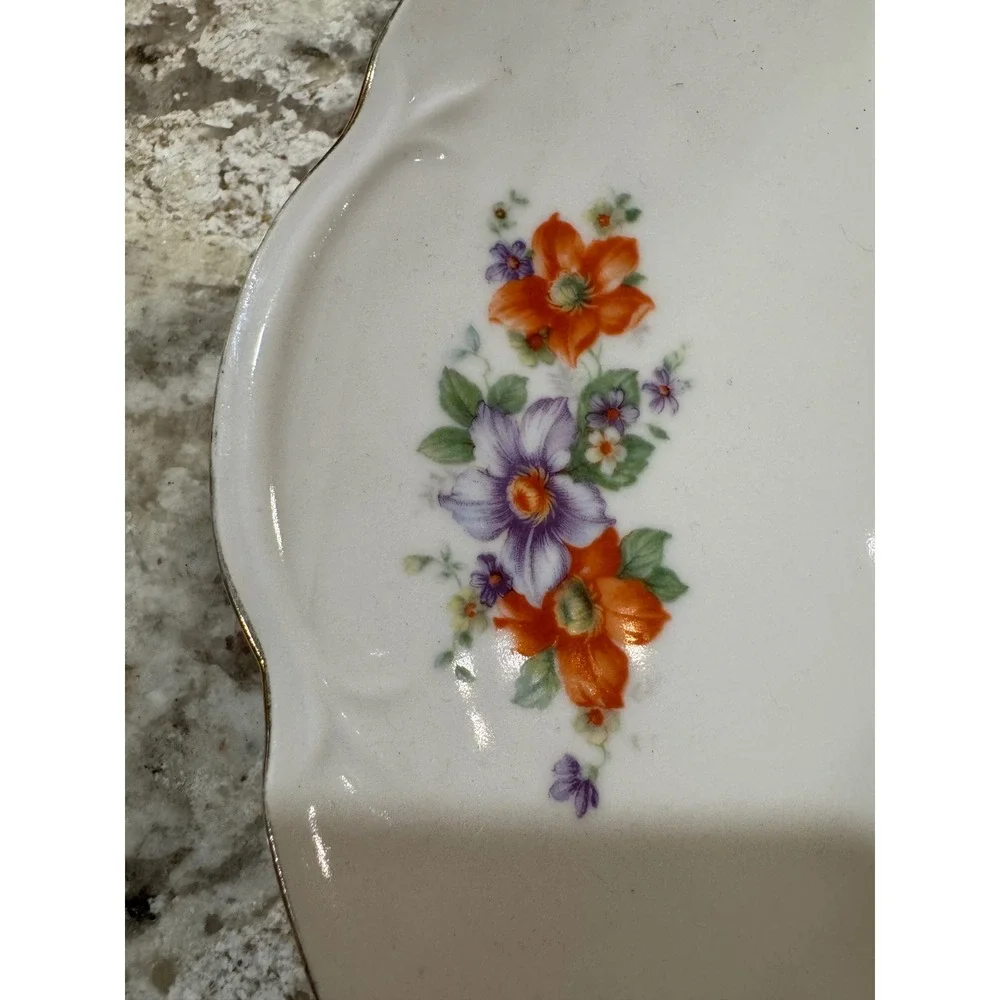 Vintage Floral Scalloped Serving Plate White Orange Purple Gold Trim 9.75 Inch